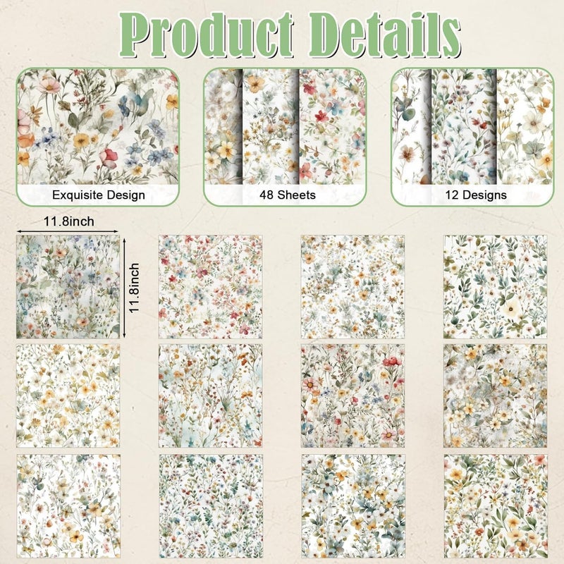 EggSun 48 Sheets Floral Vintage Scrapbook Paper , Watercolor Vintage Floral Pattern Decorative Scrapbook Paper for Journals DIY Cards and Photo Albums,Aesthetic Craft Supplies for Kids and Adults - Image 3